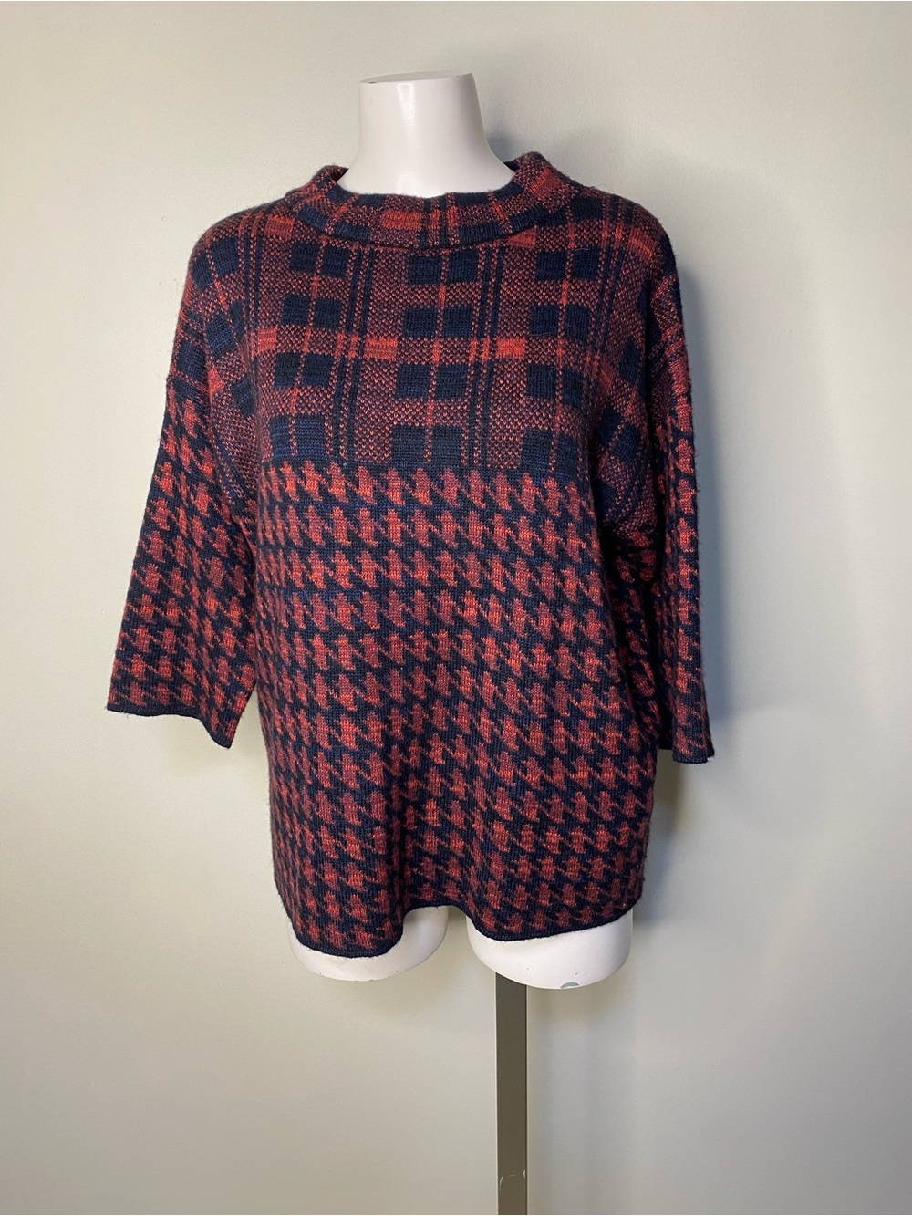 French Connection Wool Alpaca Plaid Houndstooth Sweater oversized Size S - Picture 2 of 5